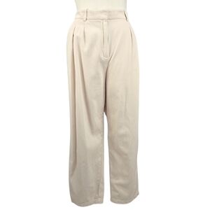 ZARA Women’s Beige Relaxed Straight Leg Pants Sz Large Pleated High Rise Cotton